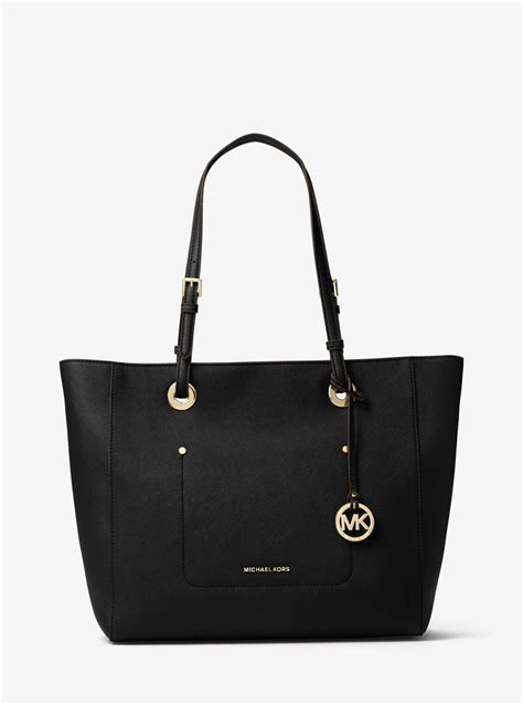 michael kors emily black and white tote|Michael Kors leather tote bag.